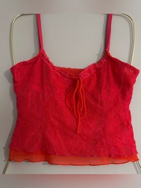 Red Lace Mesh Cami Tank Top Coquette Fairycore Clubwear Medium Cropped Ribbon